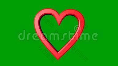 红色的心，金色的球体和金色的球体颗粒在绿色的垫子上移动。 情人节或婚礼电影。 夜晚